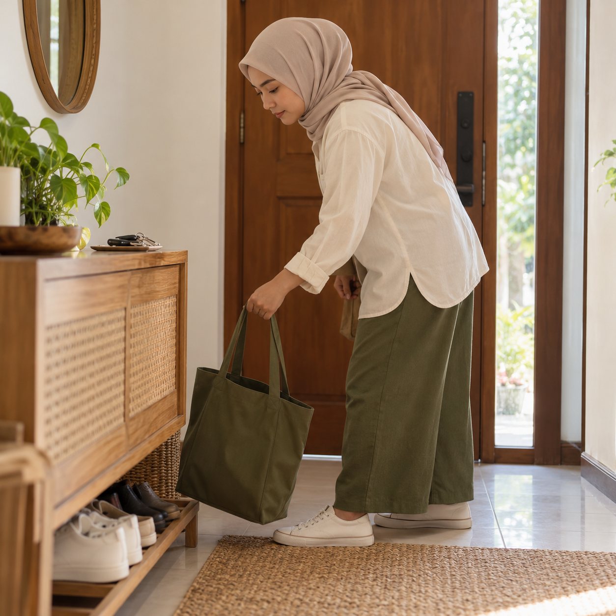 Wanita membawa beg ketika keluar dari rumah